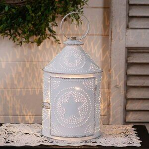 New Americana electric Star Lantern in Rustic White Tin